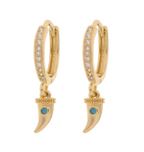 Load image into Gallery viewer, Bowyn - Small Horn with Blue Stone Hoop Earrings