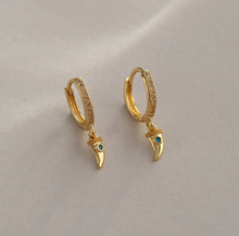 Load image into Gallery viewer, Bowyn - Small Horn with Blue Stone Hoop Earrings