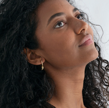 Load image into Gallery viewer, Bowyn - Small Horn with Blue Stone Hoop Earrings