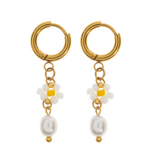Load image into Gallery viewer, Sigrid Flower and Pearl White Bead Summer Hoop Earrings Stainless Steel