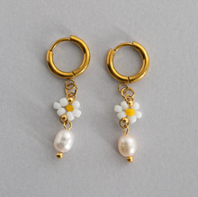 Load image into Gallery viewer, Sigrid Flower and Pearl White Bead Summer Hoop Earrings Stainless Steel