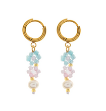 Load image into Gallery viewer, Fanny Flower and Pearl Colorful Bead Summer Hoop Earrings Stainless Steel