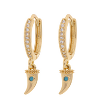 Load image into Gallery viewer, Bowyn - Small Horn with Blue Stone Hoop Earrings
