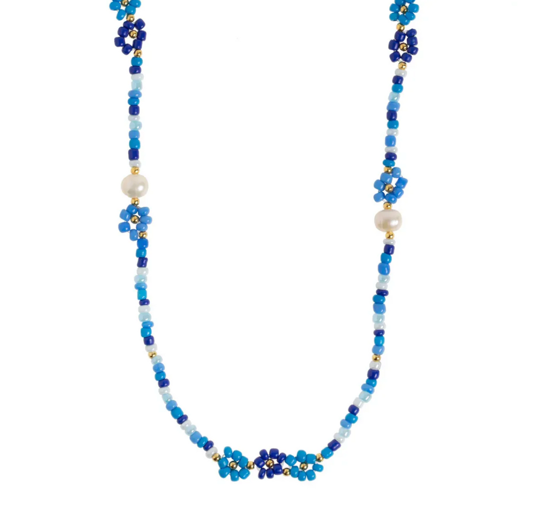 Elsa Colorful Beads Flower and Pearl Blue Necklace