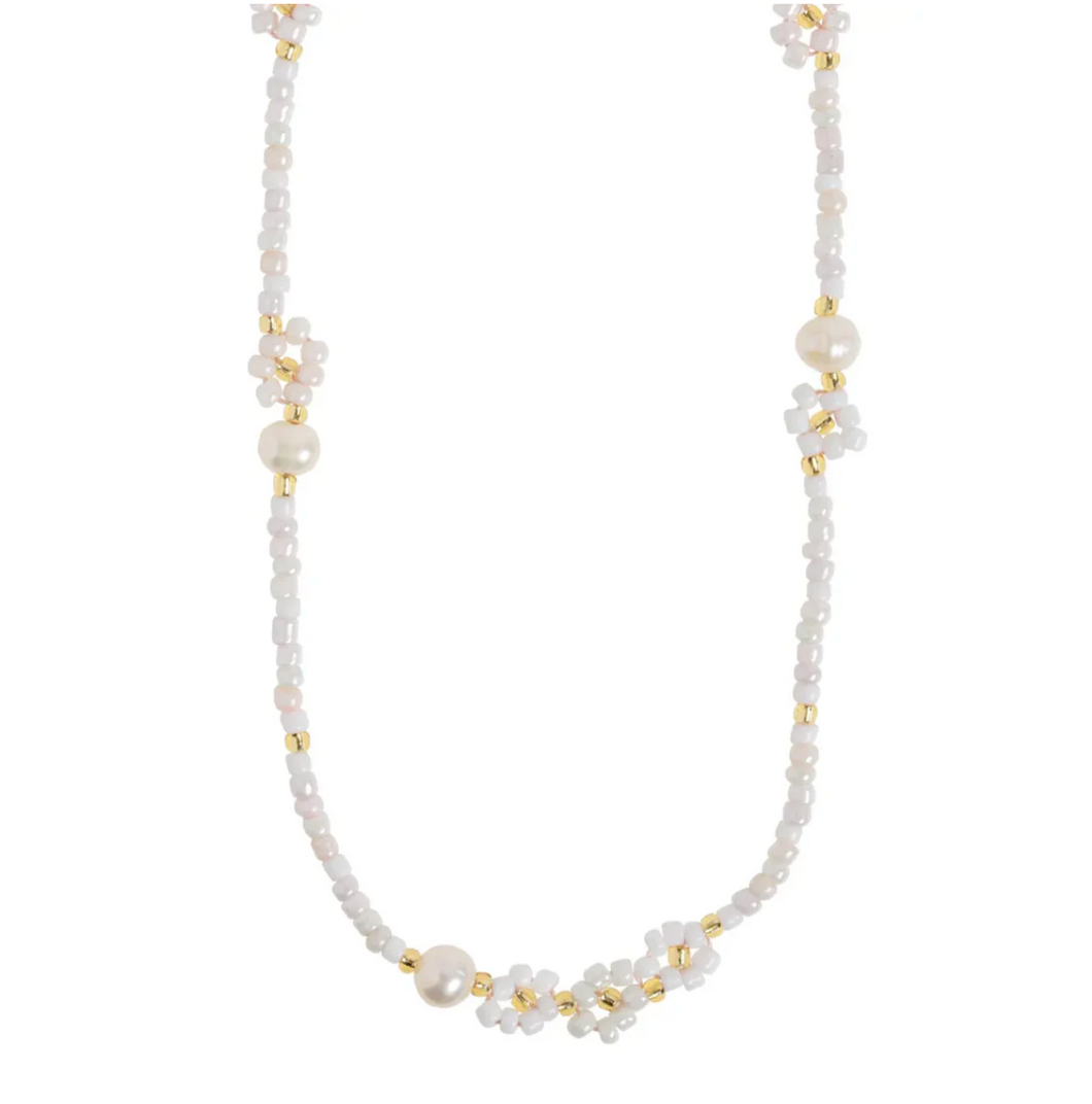 Elsa White Bead Flower and Pearl Necklace