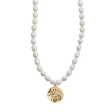 Load image into Gallery viewer, Pearl Necklace with Evil Eye Plate
