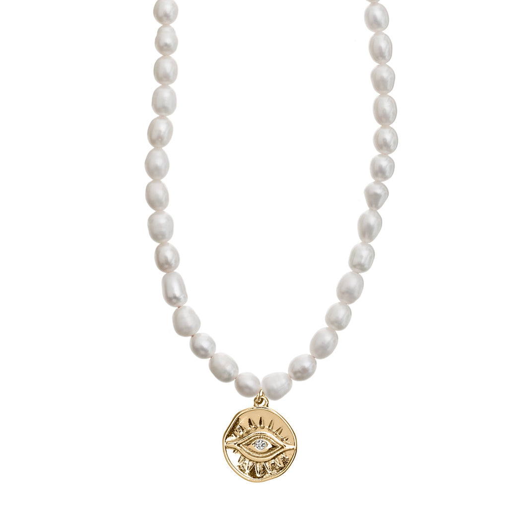 Pearl Necklace with Evil Eye Plate