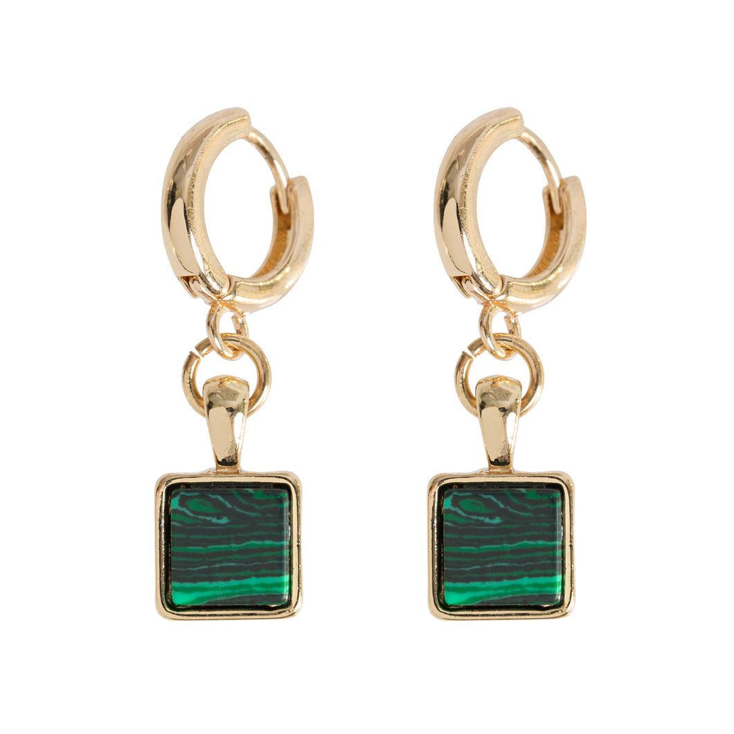 Square Green Stone Hoop Earrings - Malachite