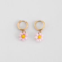 Load image into Gallery viewer, Pink Flower Bead Hoop Earrings
