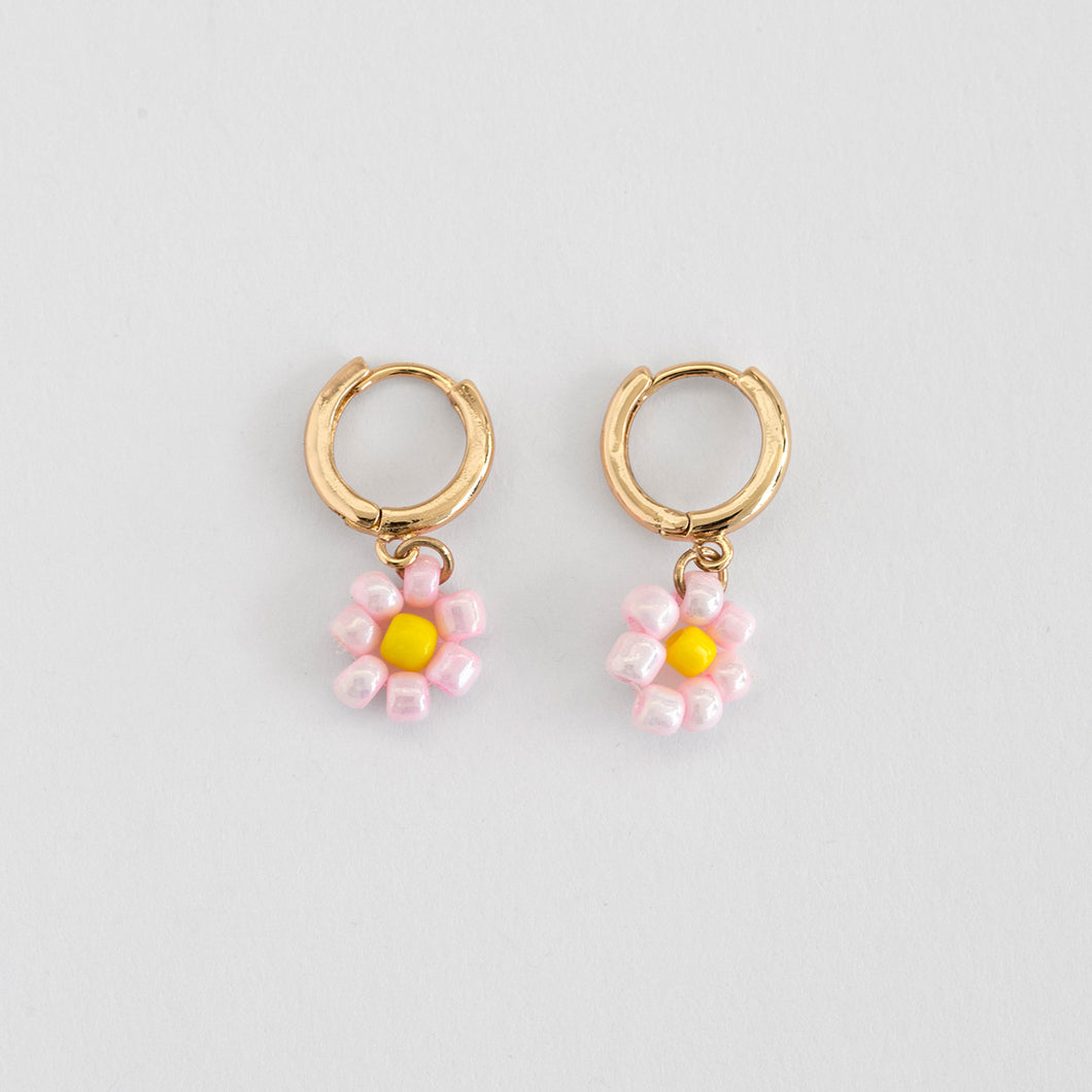 Pink Flower Bead Hoop Earrings