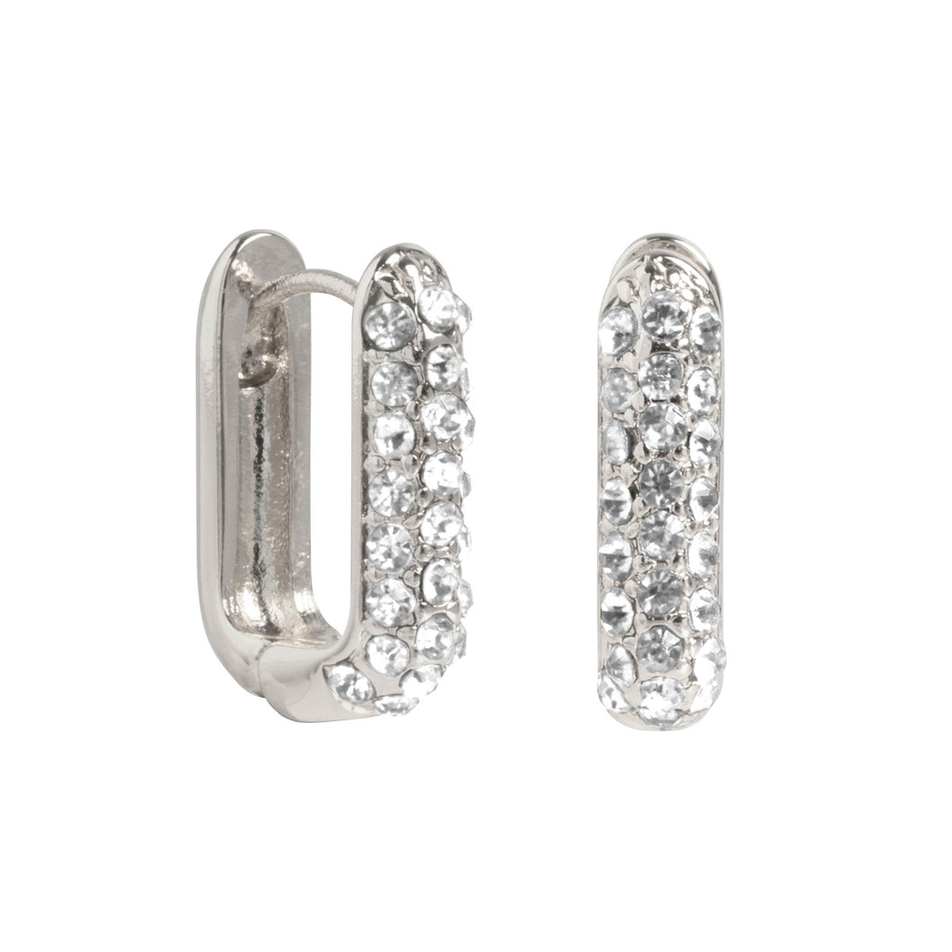 Rectangular Clear Crystal Hoop Earrings Silver