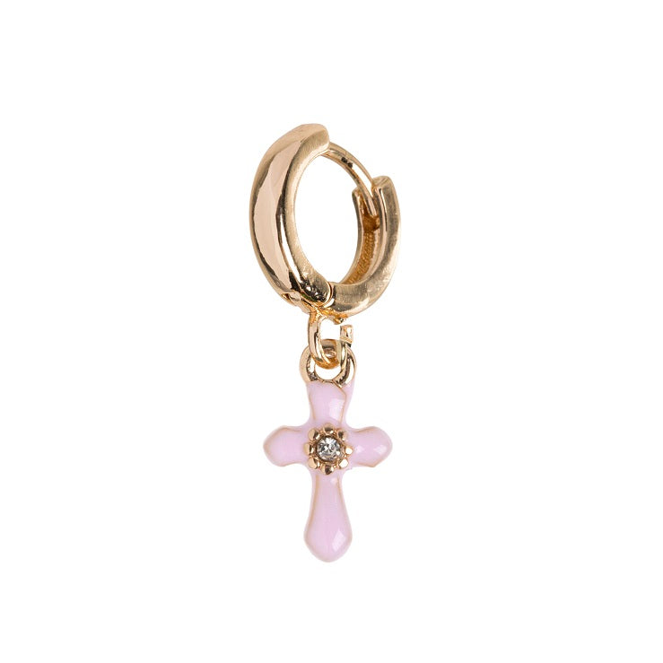 DORIS-PINK CROSS enamel hoop earrings